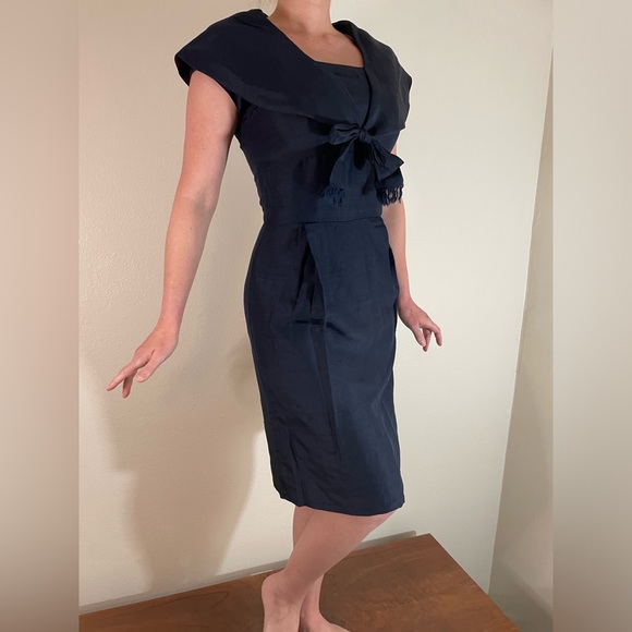 1950’s Vintage Peck & Peck blue sharkskin wiggle cocktail dress Small 26w VLV - Picture 3 of 15
